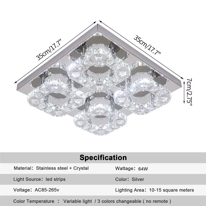 Modern Square Crystal Led Ceiling Light K9 Crystal Chandeliers Fixtures Dimming Stainless Steel Bedroom Light Indoor Lustres