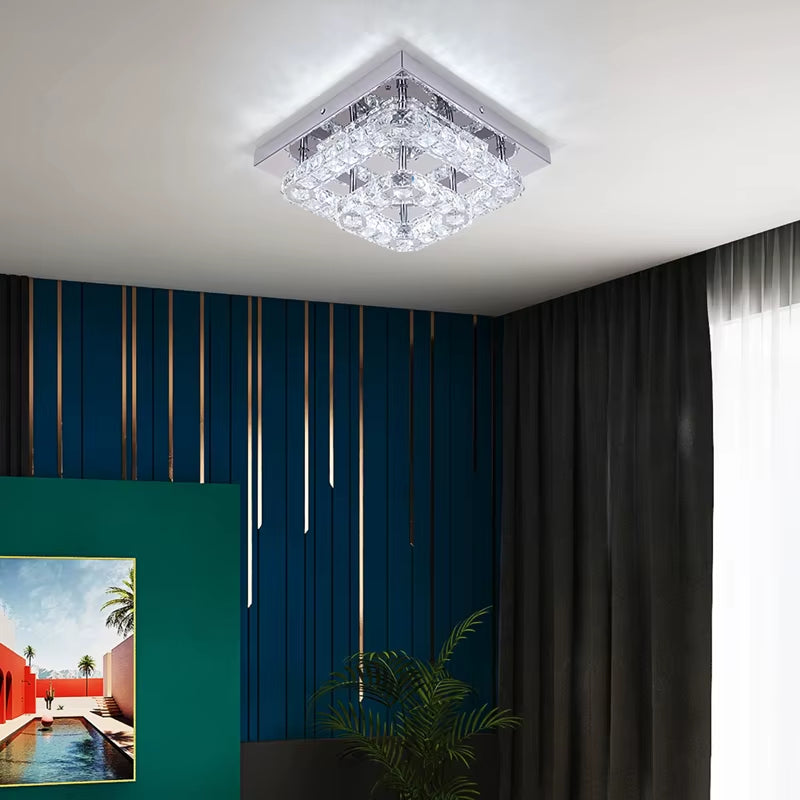 Modern Square Crystal Led Ceiling Light K9 Crystal Chandeliers Fixtures Dimming Stainless Steel Bedroom Light Indoor Lustres