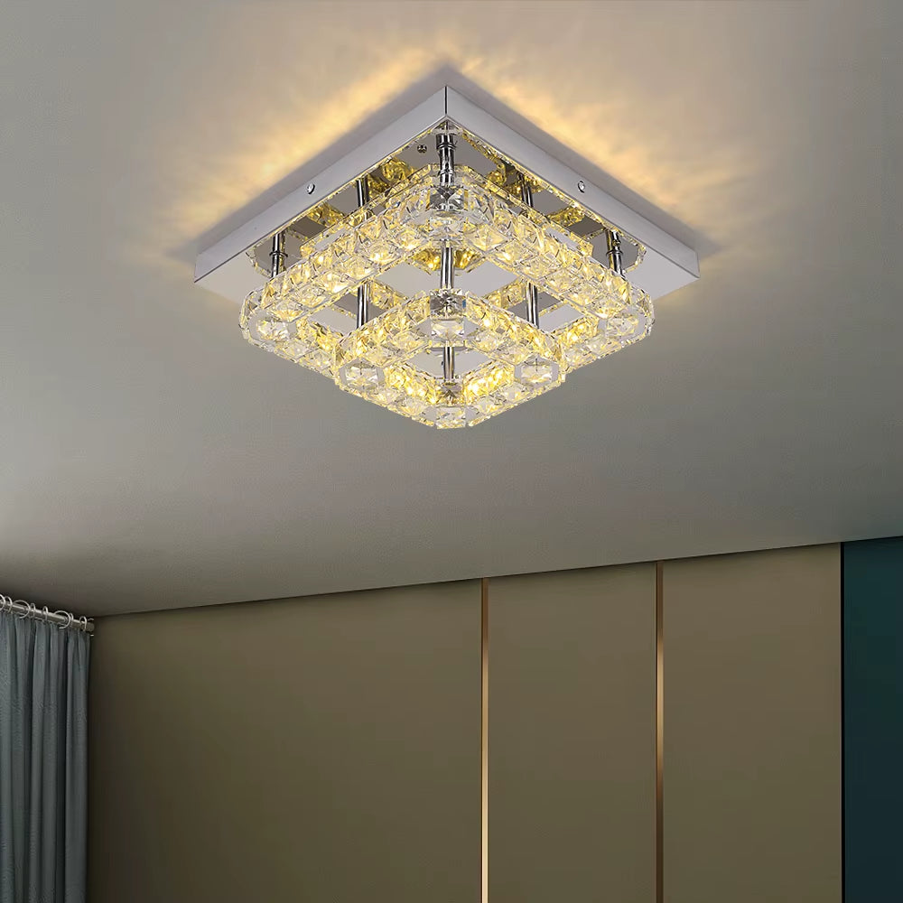 Modern Square Crystal Led Ceiling Light K9 Crystal Chandeliers Fixtures Dimming Stainless Steel Bedroom Light Indoor Lustres