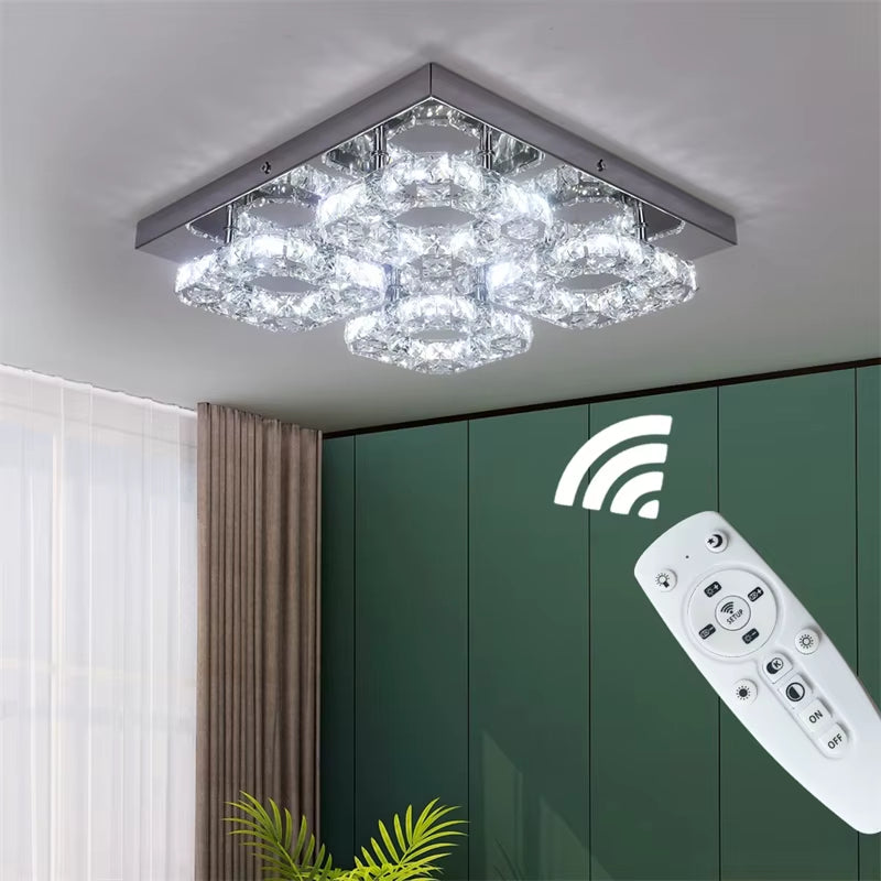 Modern Square Crystal Led Ceiling Light K9 Crystal Chandeliers Fixtures Dimming Stainless Steel Bedroom Light Indoor Lustres